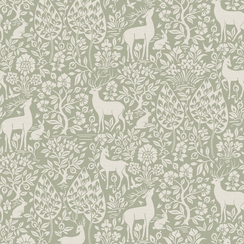 Deer Woods Woodland Wallpaper - Sage Sample