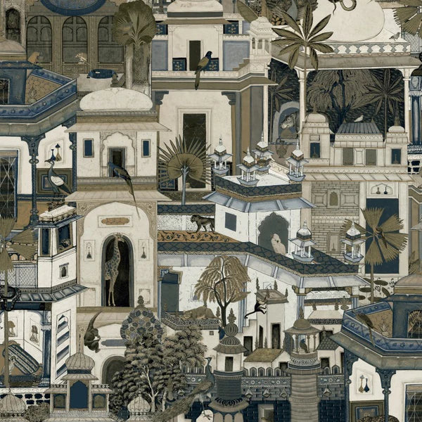 Civita Moroccan Building and Jungle Animal Navy Wallpaper Sample