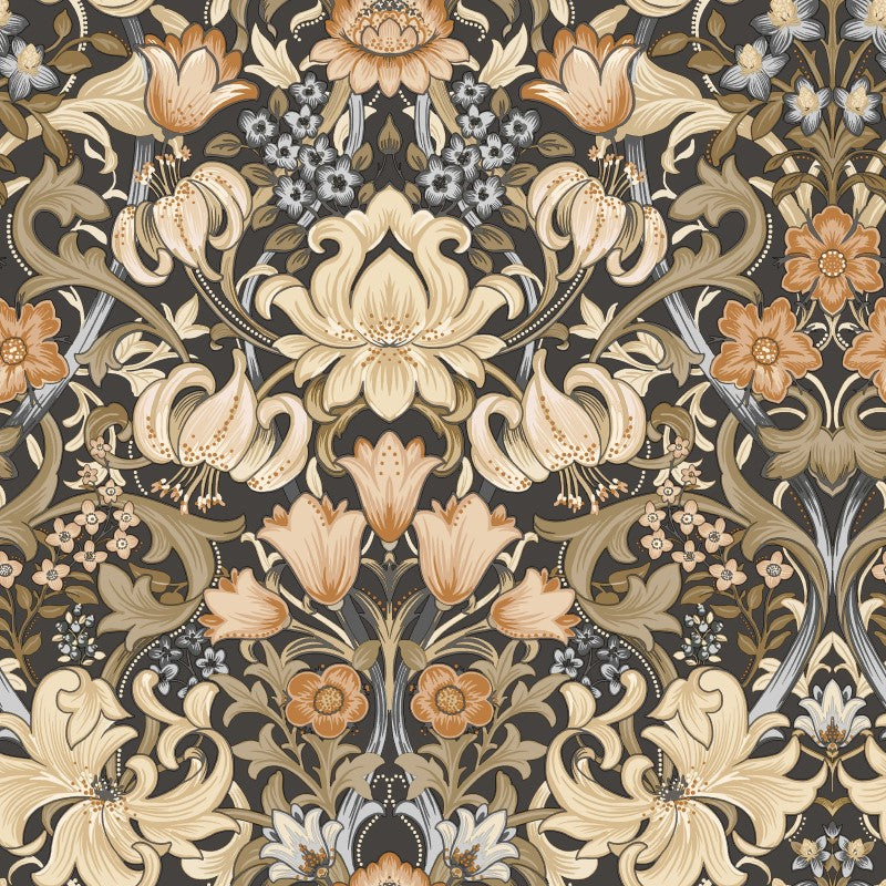 Fleurmont Ornate Floral Wallpaper Sample - Charcoal / Orange