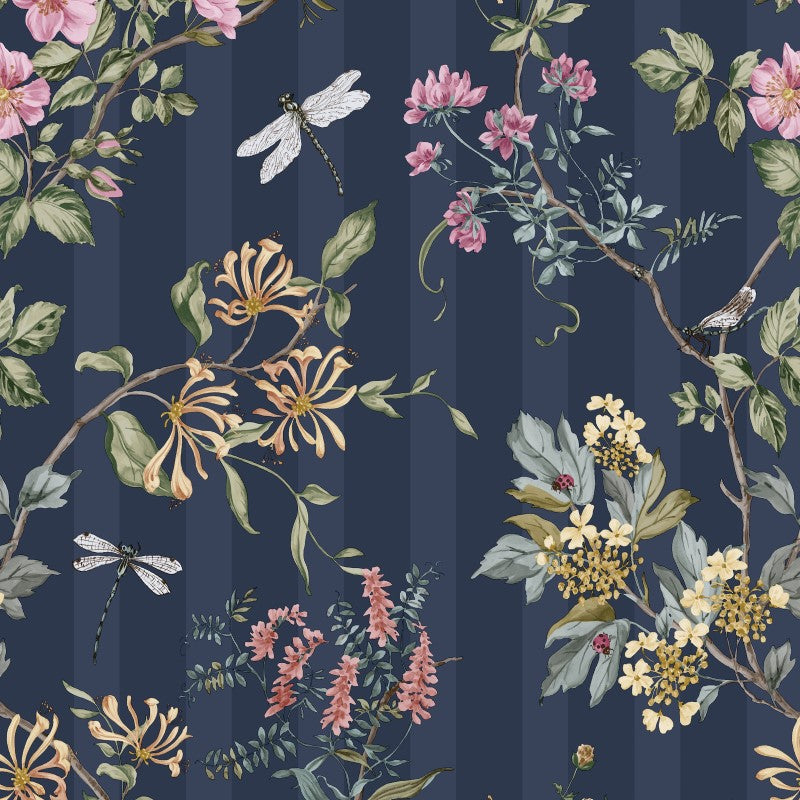 Camberley Floral Trail Wallpaper Sample - Navy/Multi