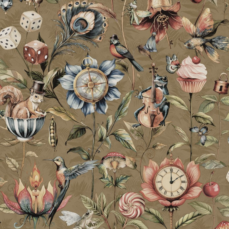 Vintage-style pattern with flowers, birds, and other decorative elements on a gold background