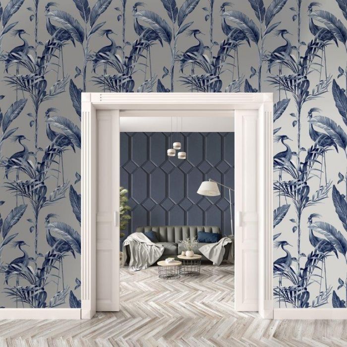 Azzurra Botanical Leaf And Crane Wallpaper