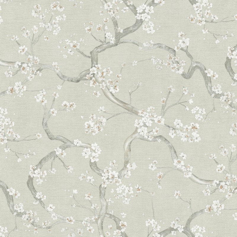 Cherry Blossom Tree Textured Sage Green Wallpaper Sample
