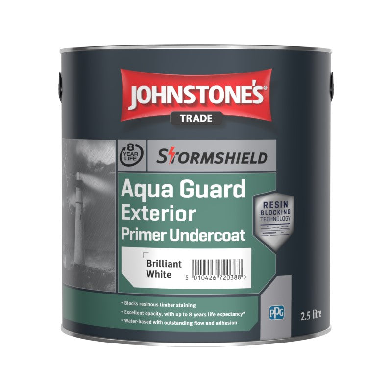 Johnstones Aqua Guard Exterior Primer Undercoat can on a white background