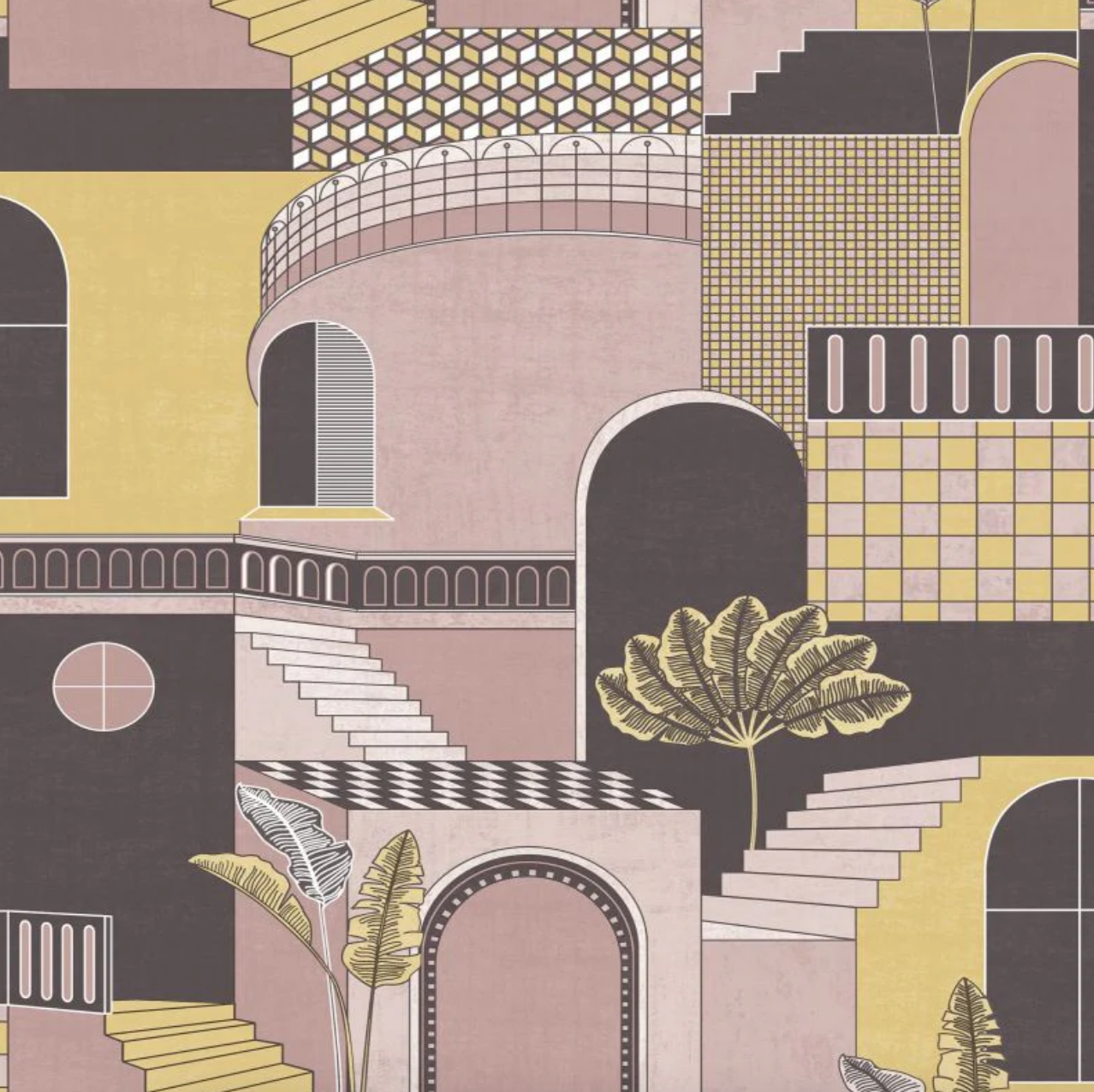 Medina Mediterranean Building Wallpaper Pink/Yellow Sample