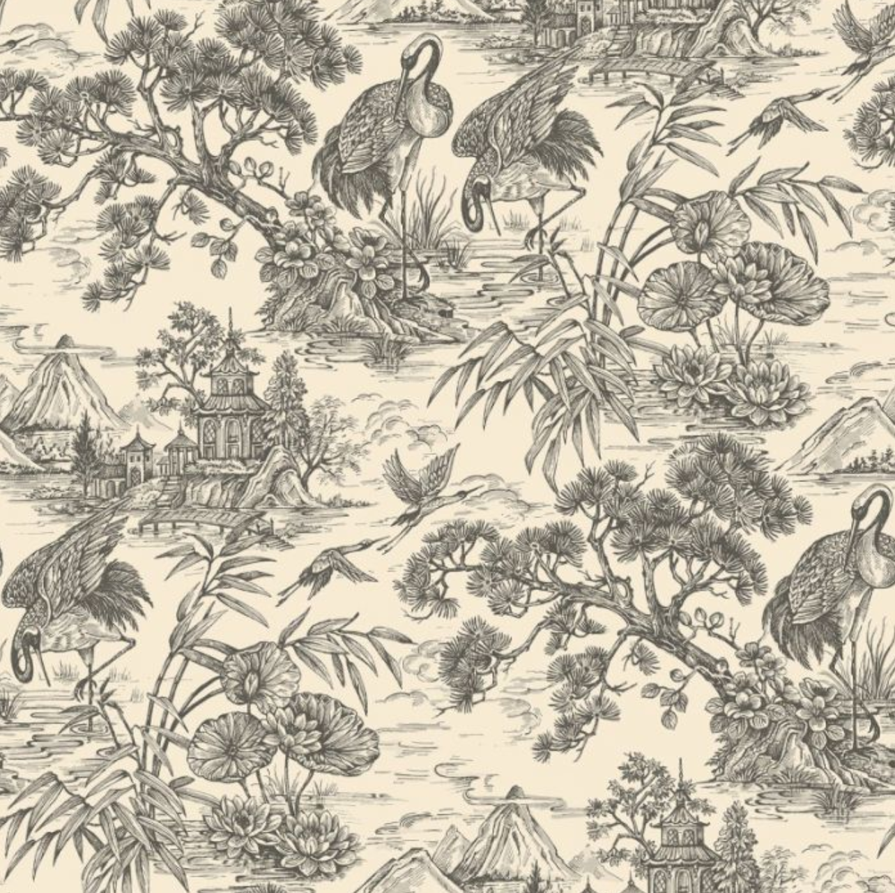 Natoru Oriental Wallpaper - Charcoal & Cream Sample