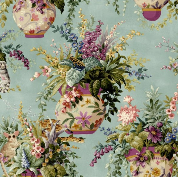Rivara Floral Vase Soft Teal Wallpaper Sample