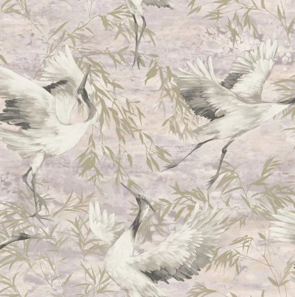 Sarus Crane Metallic Wallpaper Pink Sample