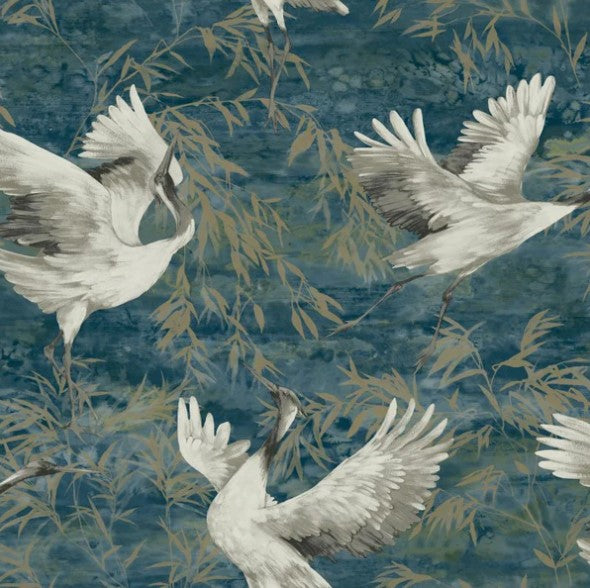 Sarus Crane Metallic Wallpaper Teal Sample