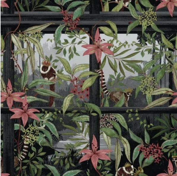 Comoro Tropical Window Design Wallpaper Black Sample