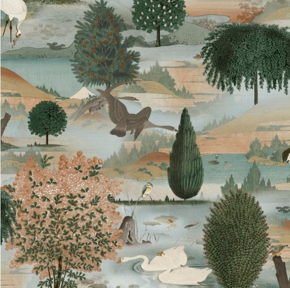 Swan Lake Wallpaper Orange / Green Sample