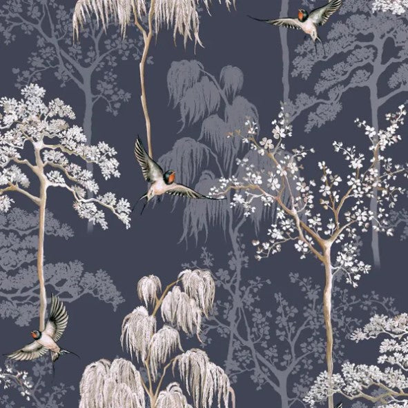 Japanese Garden Oriental Tree and Bird Blue Wallpaper Sample