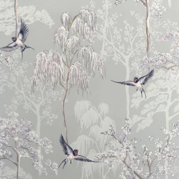 Japanese Garden Oriental Tree and Bird Wallpaper Grey Sample