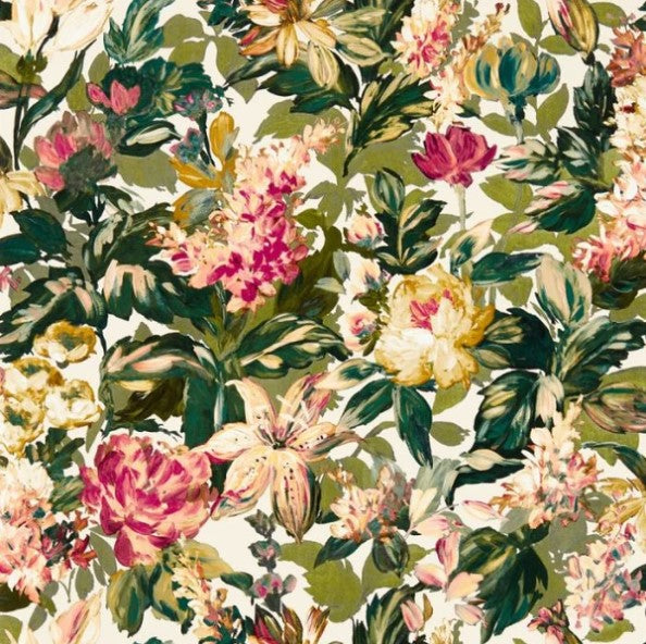 Clarke & Clarke Lilum Wallpaper- Olive/Raspberry Sample