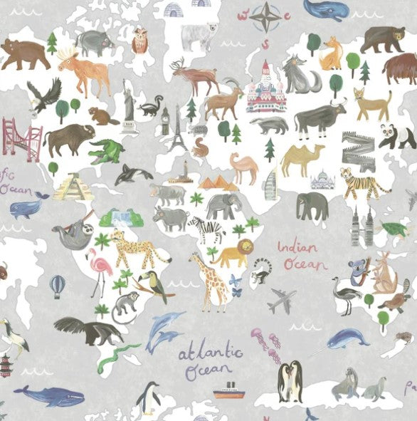Kids Animal Maps Grey Wallpaper Sample