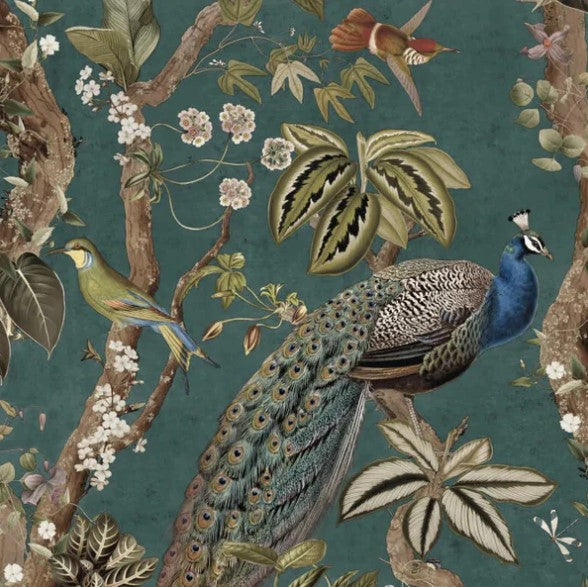 Whispering Peacock Woods Wallpaper - Aqua Sample