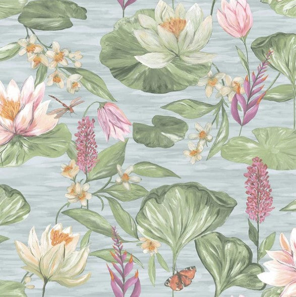 Water Lily Floral Wallpaper - Blue Sample