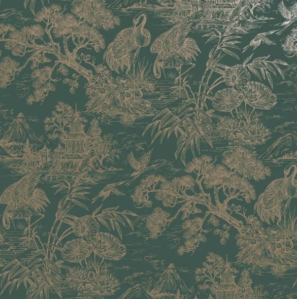 Whispering Crane Lagoon Wallpaper - Aqua/Gold Sample