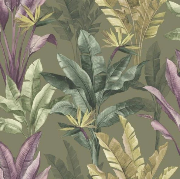 Madagascar Botanical Leaf Wallpaper Olive Green Sample
