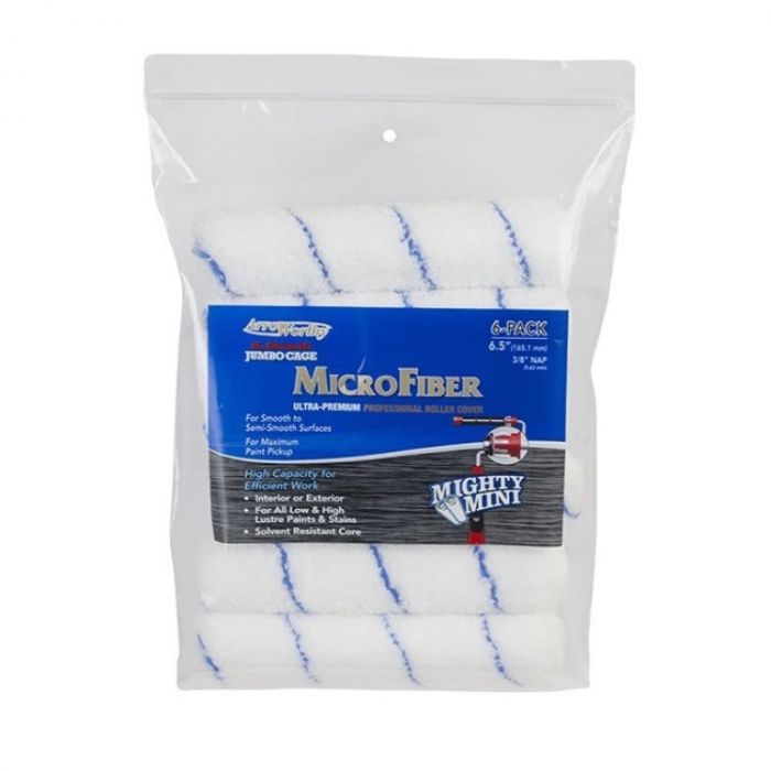 A pack of Arroworthy microfiber jumbo roller sleeves in white color with blue accents, packaged in a clear plastic bag.