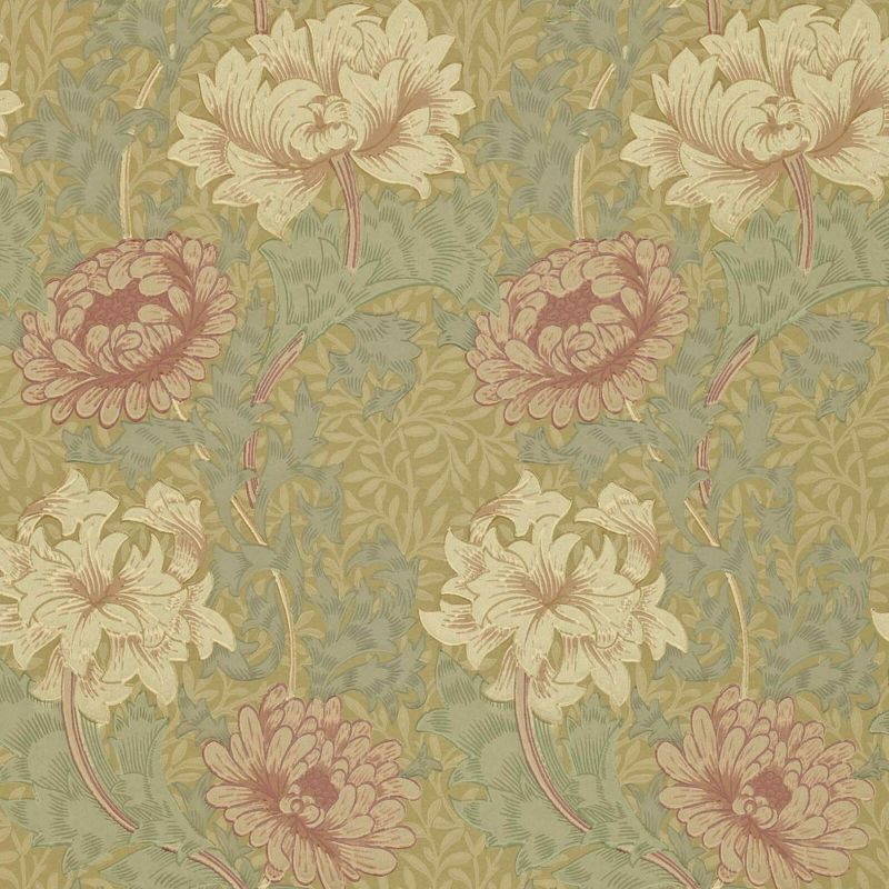 Morris & Co Chrysanthemum Wallpaper - Pink/Yellow/Green Sample