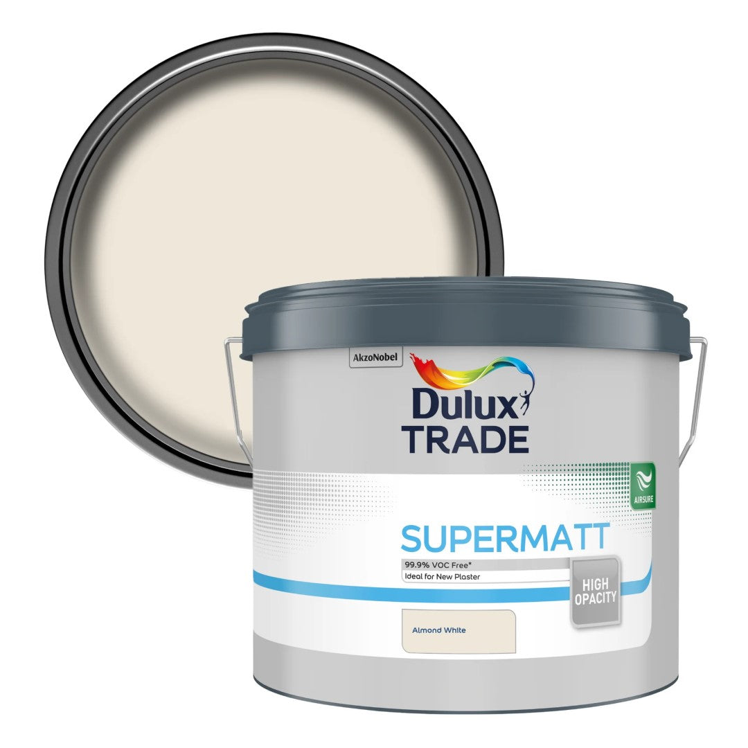 Dulux Trade Supermatt in Almond White paint container with a sample of the paint on a white background