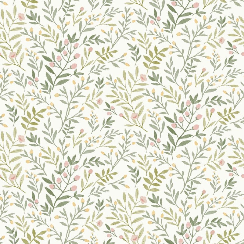 Inia Leafy Trail Wallpaper Sage & Pink Sample