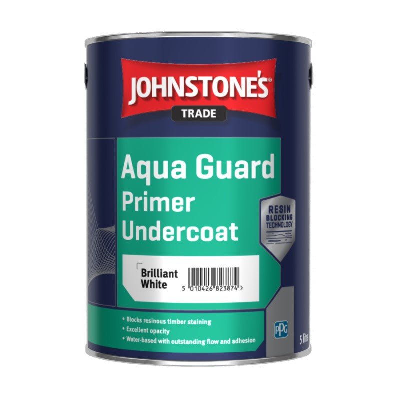 A can of Johnstone's Trade Aqua Guard Primer Undercoat in Brilliant White colour.