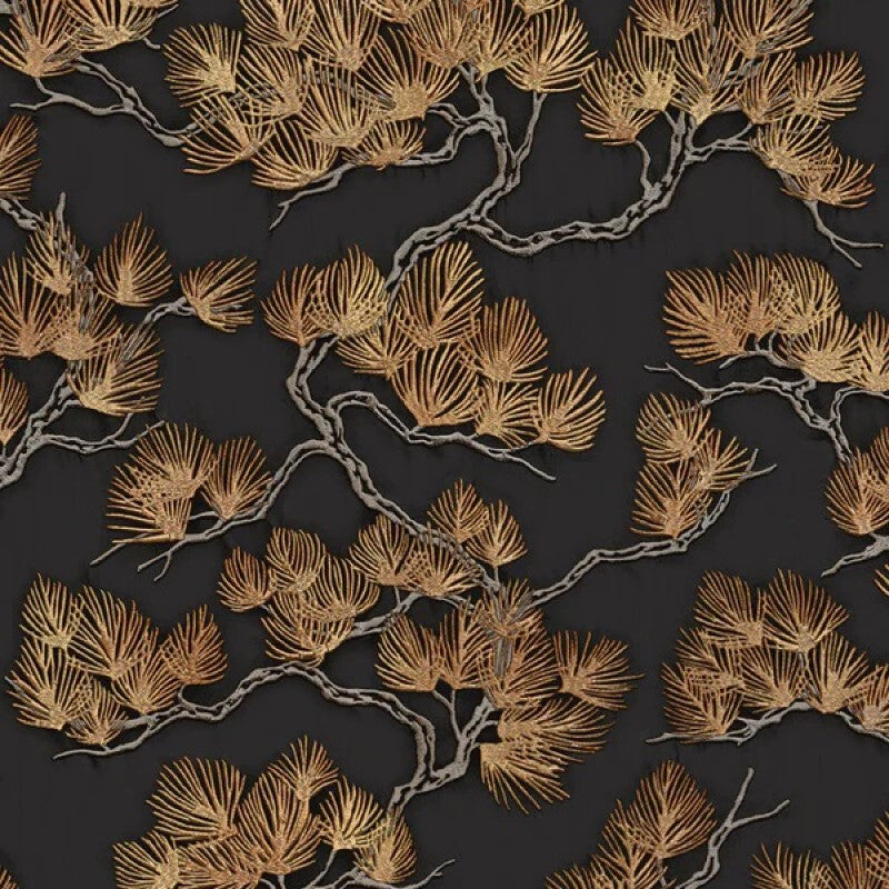 Oriental Pine Tree Metallic Black and Gold Wallpaper Sample