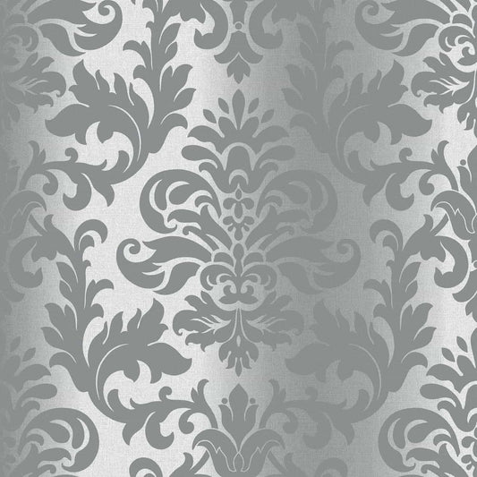 Platina Damask Metallic Wallpaper Charcoal/Silver Sample