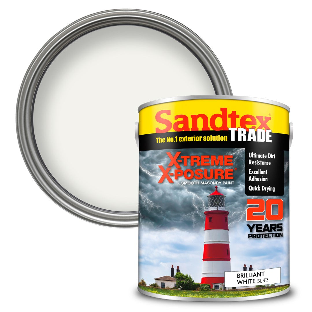 Sandtex Trade X-Treme X-Posure paint can with a lighthouse image on a white background and a brilliant white paint swatch