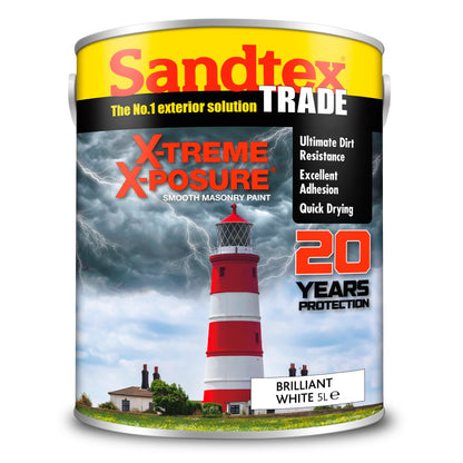Sandtex X-Treme X-Posure masonry paint can with a lighthouse on the label