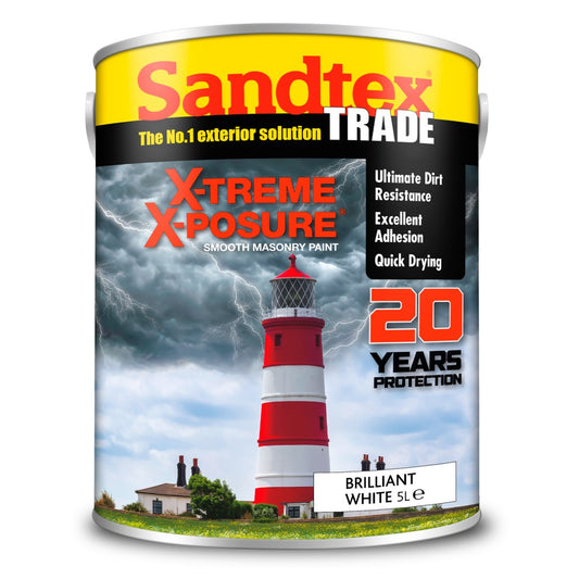Sandtex X-Treme X-Posure masonry paint can with a lighthouse on the label