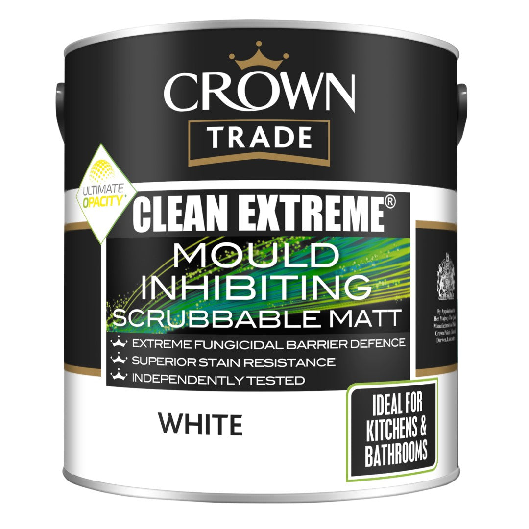 A can of Crown Trade Clean Extreme Mould Inhibiting Scrubbable Matt paint in White, shown on a plain white background.