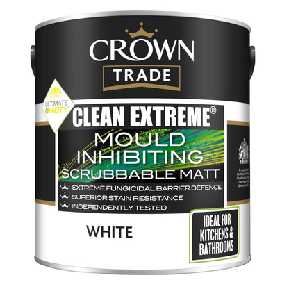 A can of Crown Trade Clean Extreme Mould Inhibiting Scrubbable Matt paint in White, shown on a plain white background.