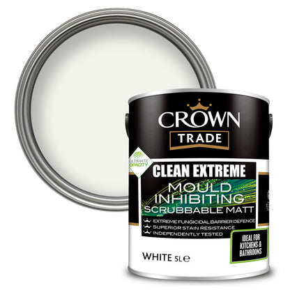 A can of Crown Trade Clean Extreme Mould Inhibiting Scrubbable Matt paint in white color, with product information and branding visible on the label.