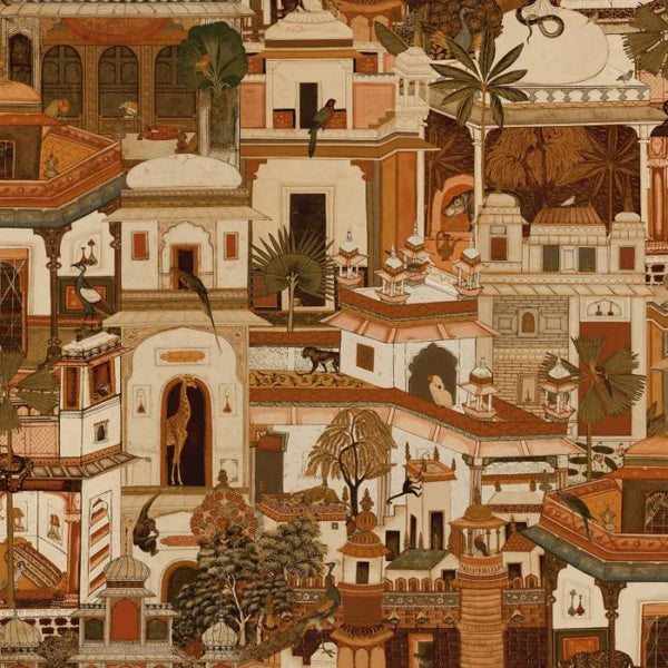 Civita Moroccan Building and Jungle Animal Orange Wallpaper Sample
