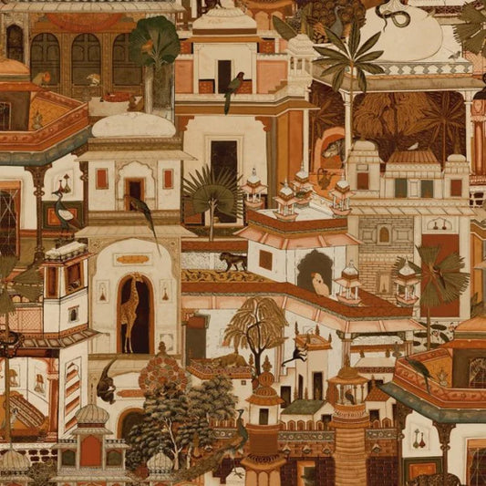 Civita Moroccan Building and Jungle Animal Orange Wallpaper Sample