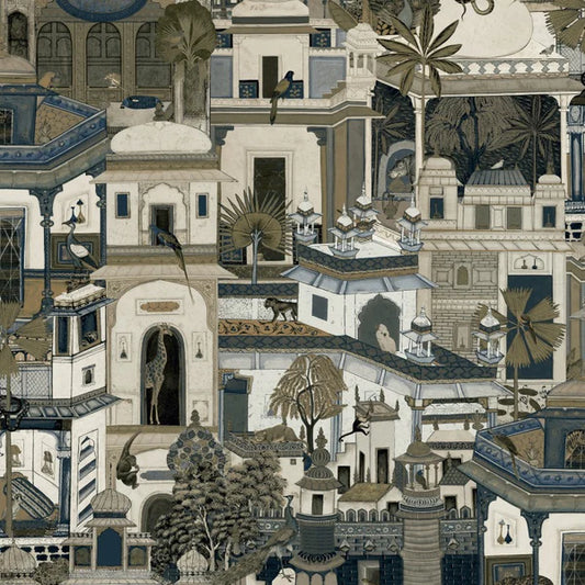Civita Moroccan Building and Jungle Animal Navy Wallpaper Sample