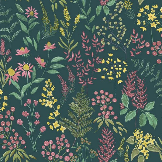 Calvert Meadows Wallpaper - Teal & Pink Sample