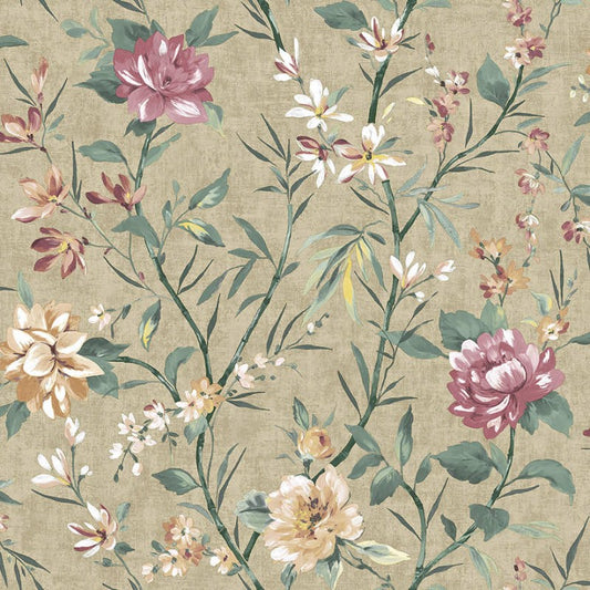 Sazanka Floral Wallpaper Sample - Taupe