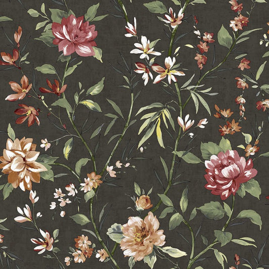 Sazanka Floral Wallpaper Sample - Charcoal