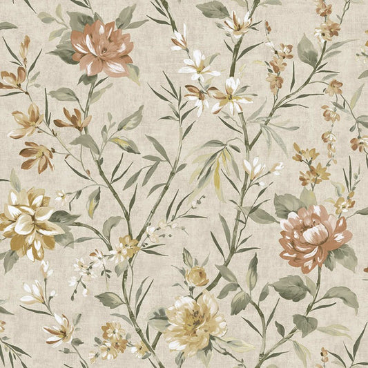 Sazanka Floral Wallpaper Sample - Neutral/Orange