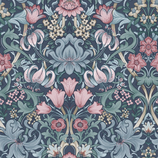 Fleurmont Ornate Floral Wallpaper Sample - Navy/Blush