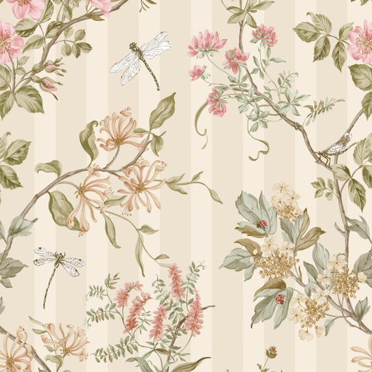 Camberley Floral Trail Wallpaper Sample - Cream/Coral