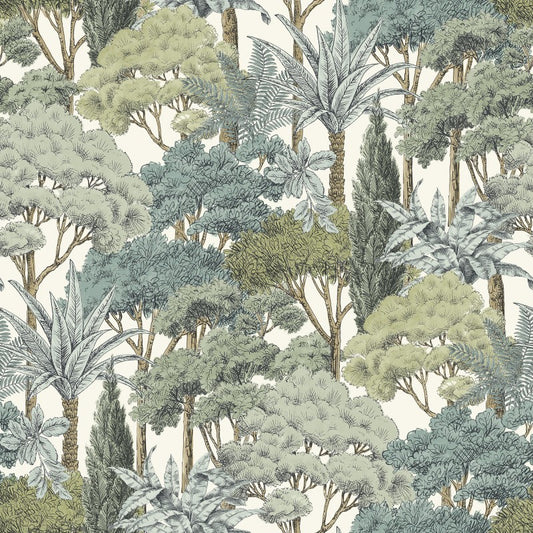 Karuna Sketched Forest Trees Wallpaper - Green Sample