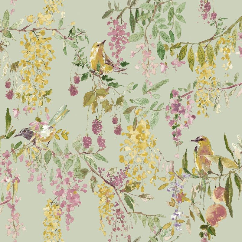 Blackberry Trail Floral Green Wallpaper Sample