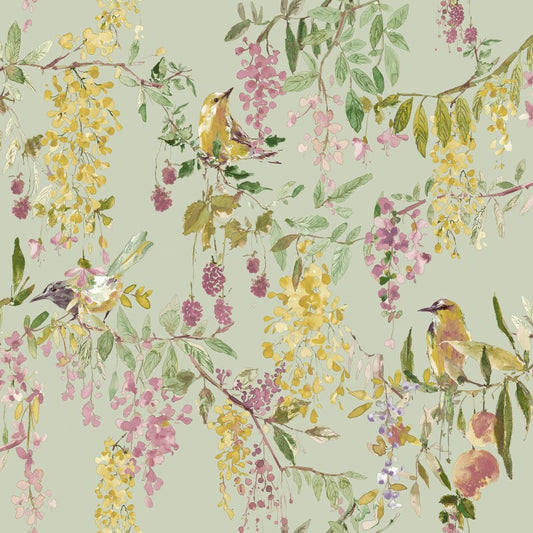 Blackberry Trail Floral Green Wallpaper Sample