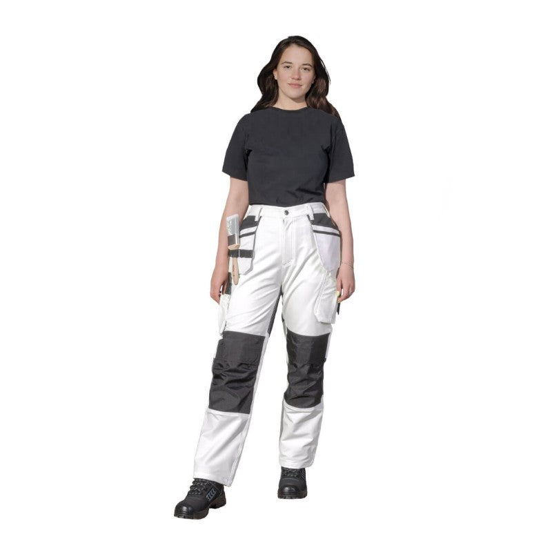 Person wearing a black shirt and white Prodec Ultraflex Decorators Trousers on a white background