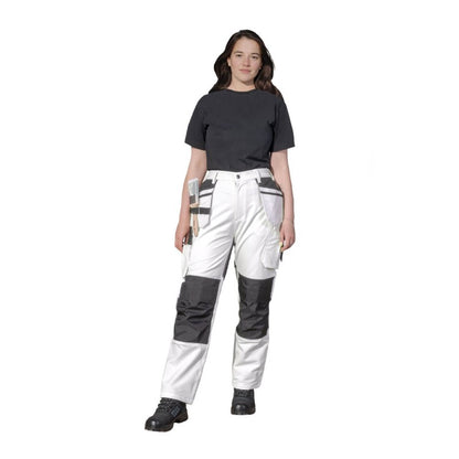 Person wearing a black shirt and white Prodec Ultraflex Decorators Trousers on a white background
